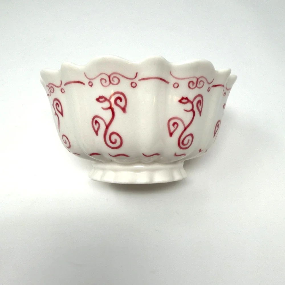 Vintage Starbucks Barista Scalloped Ceramic Bowl White Red Coffee Dish‎